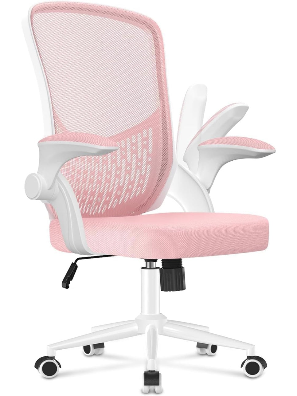 Ergonomischer Mesh Burostuhl mit klappbaren Armlehnen und Lendenstutze in Rosa