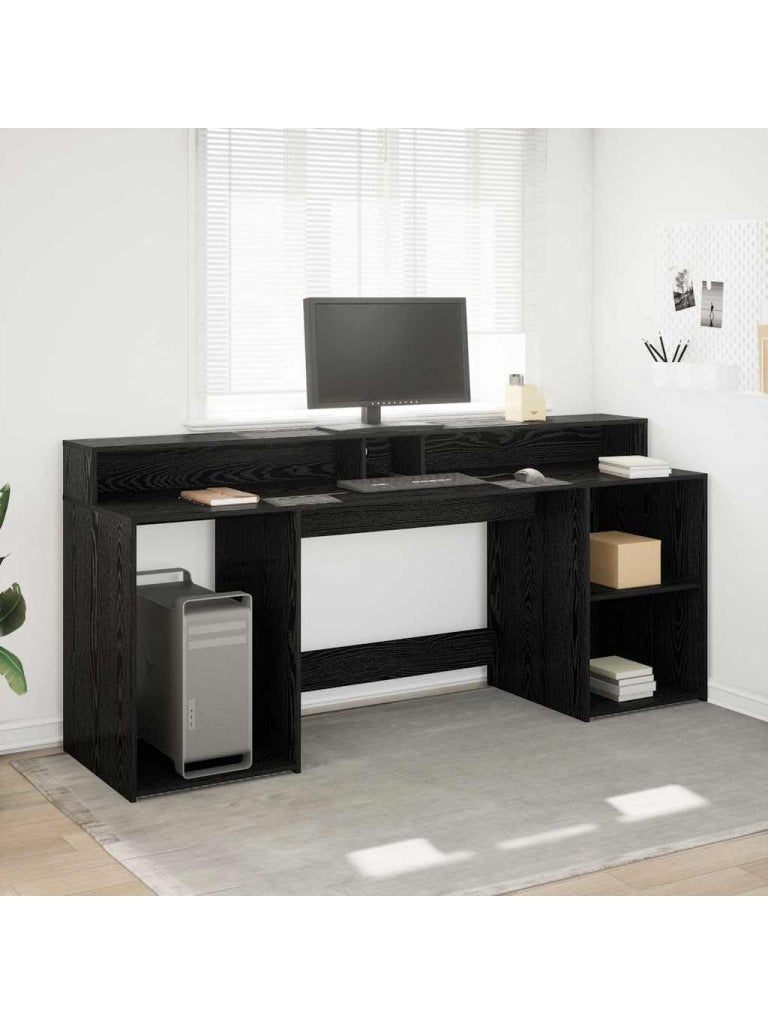 LED Computertisch in Schwarzeiche 200 x 55 x 91 cm mit Stauraum Schublade und grosser Arbeitsflache