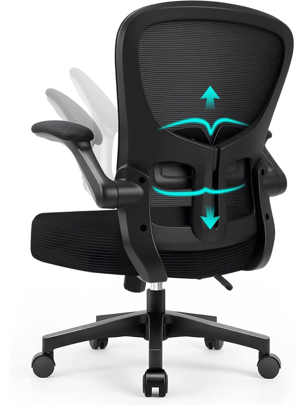 Ergonomischer Burostuhl mit Netzrucken Lordosenstutze klappbaren Armlehnen und 130 Grad Neigung