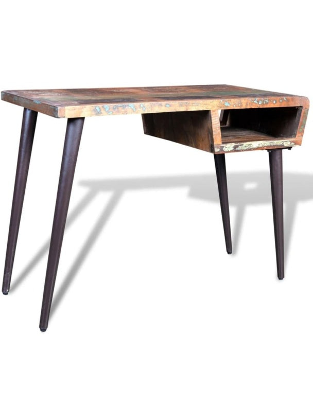 Schreibtisch aus massivem Altholz 110 x 50 x 80 cm mit Eisenbeinen und Ablagefach im Industrie Stil